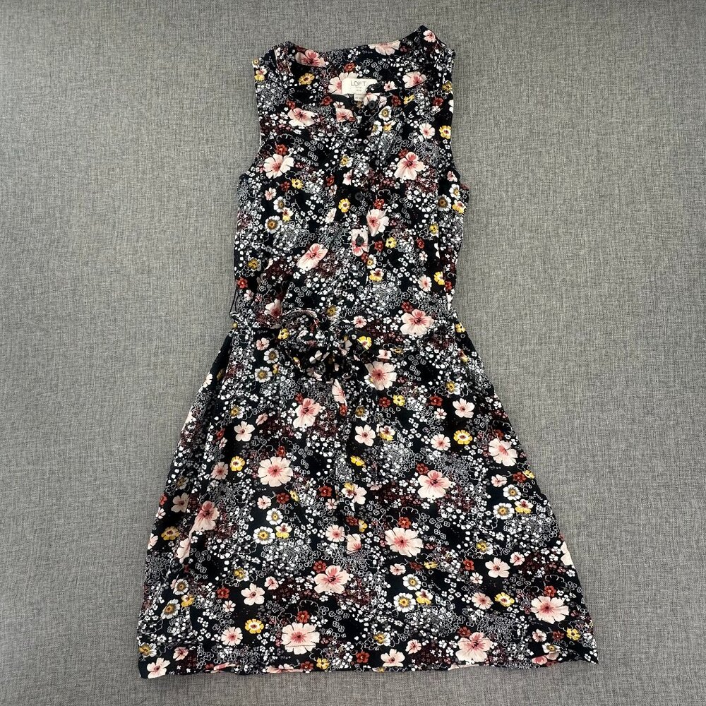 Ann Taylor LOFT Floral Dress Classic Style Tie Waist Strap Petite XS Rayon